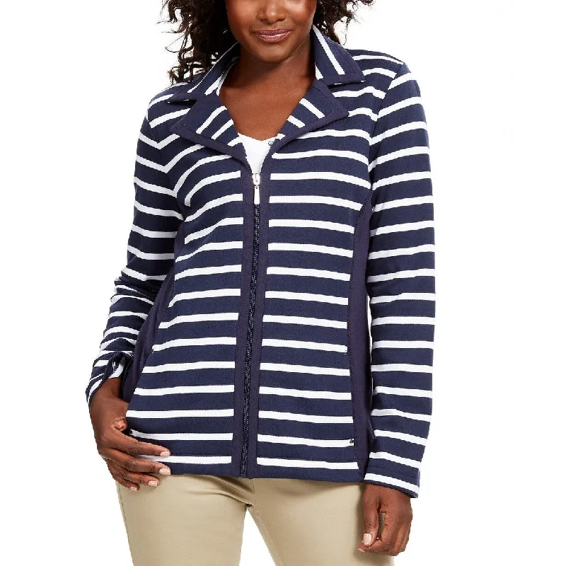 European Plan Karen Scott Women's Sport French Terry Striped Jacket Navy Size Small