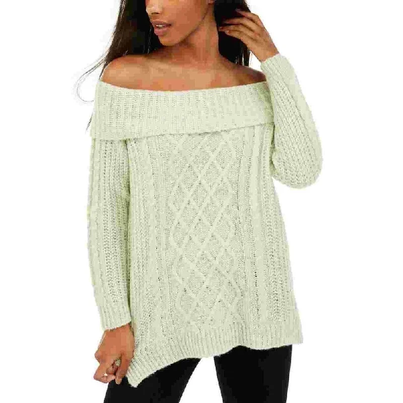 No Comment Women's Textured Printed Long Sleeve Off Shoulder Top Green Size Medium