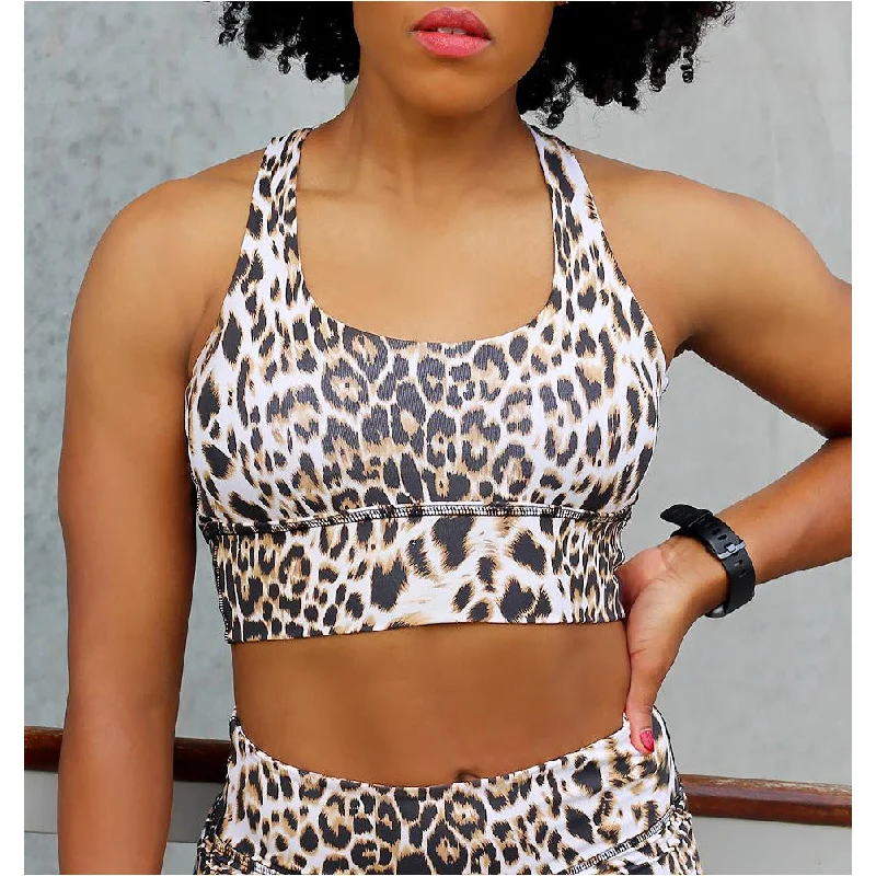 Comfortable Jeans Snow Leopard Print Cross Back Sports Bra