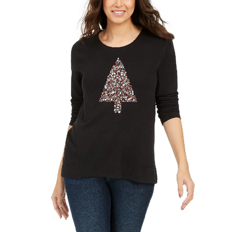 Fashion Selection Style & Co Women's Embellished Tree Sweatshirt Black Size Small