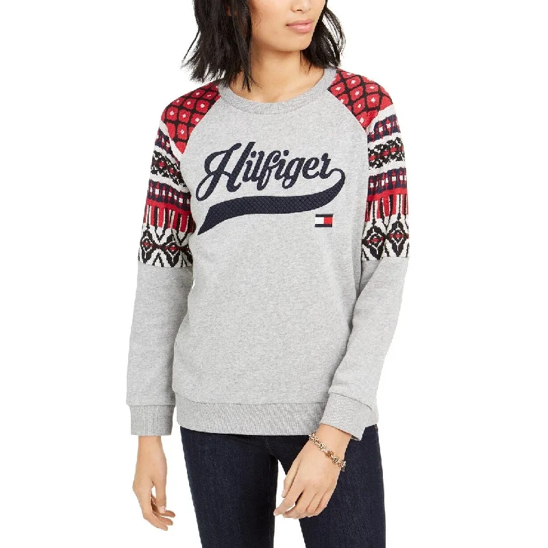 Cozy Fashions Tommy Hilfiger Women's Printed Raglan Sweatshirt Grey Size Medium