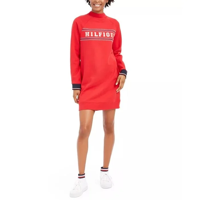 Loose Fit Tommy Hilfiger Women's Sport Mock Neck Sweatshirt Dress Medium Red Size X-Large Loose Fit Tommy Hilfiger Women's Sport Mock Neck Sweatshirt Dress Medium Red Size X-Large