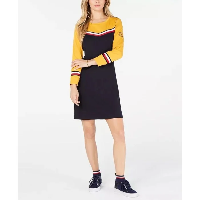 Soft Touch Tommy Hilfiger Women's Striped-Trim Cotton Sweatshirt Dress Yellow Size Extra Large - X-Large