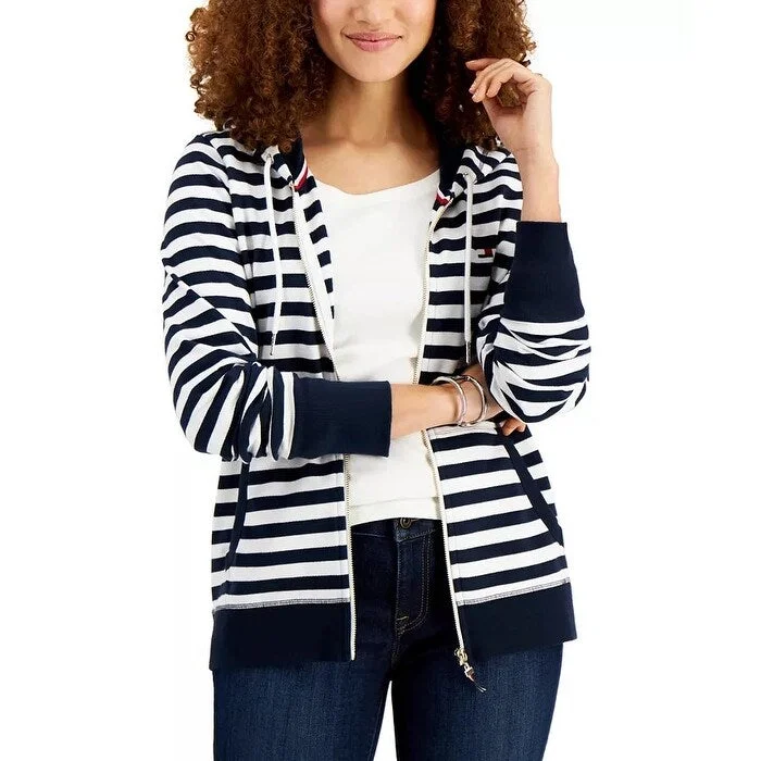 Soft Knitwear Tommy Hilfiger Women's Striped Zip Front Hoodie Blue Size XX-Large