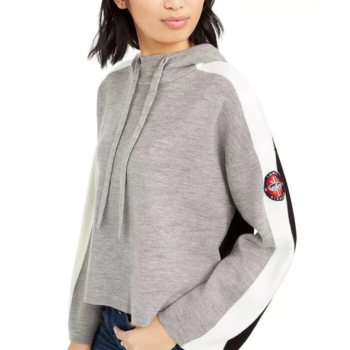 High-end Wear Tommy Hilfiger Women's Wide-Sleeve Cropped Hoodie Gray Size Large