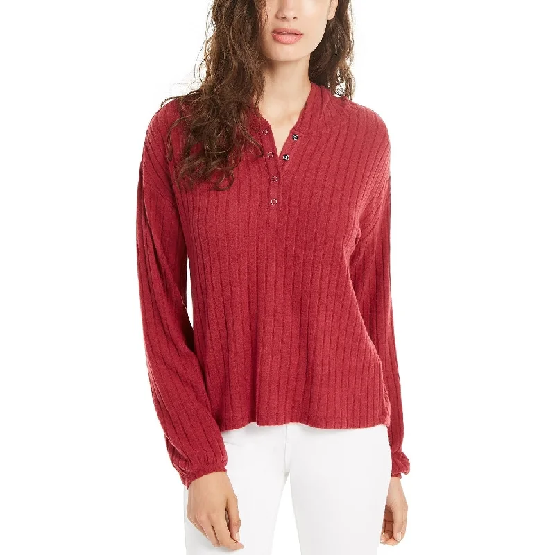 Ultra Flirt Juniors' Cozy Ribbed Henley Hoodie Dark Red Size Small