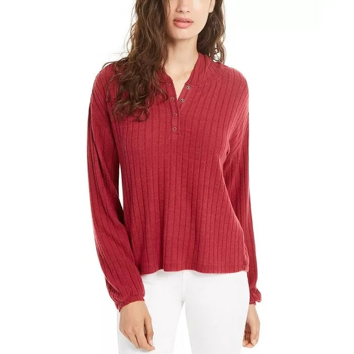 Sporty Elegance Ultra Flirt Juniors' Ribbed Henley Hoodie Dark Red Size X-Small
