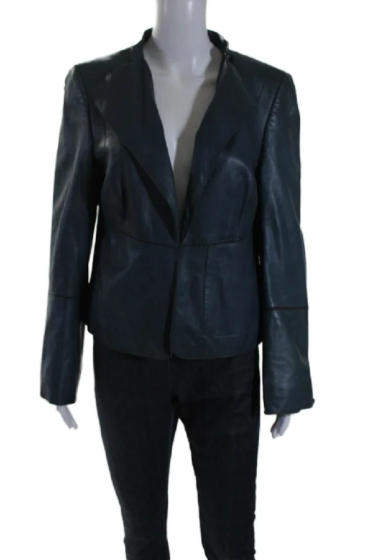 European And American Style Akris Womens Leather Draped Front Split Hem Blazer Jacket Teal Blue European And American Style Akris Womens Leather Draped Front Split Hem Blazer Jacket Teal Blue