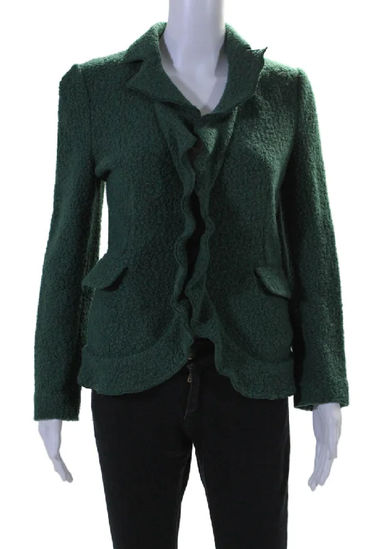 Diamond Series Armani Collezioni Womens Wool V Neck Button Up Ruffle Fleece Jacket Green Diamond Series Armani Collezioni Womens Wool V Neck Button Up Ruffle Fleece Jacket Green
