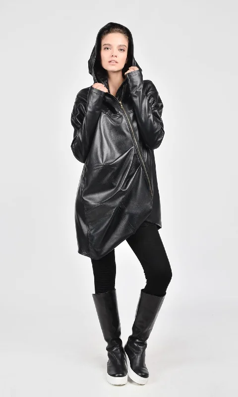 Easy Wear Chic Asymmetric Genuine Leather Hooded Coat