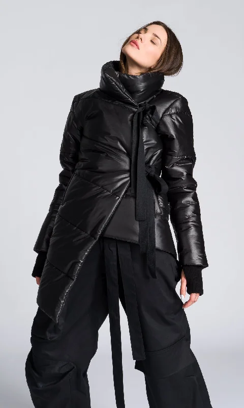 Elegant Temperament Asymmetric Quilted Jacket with Ribbon Closure