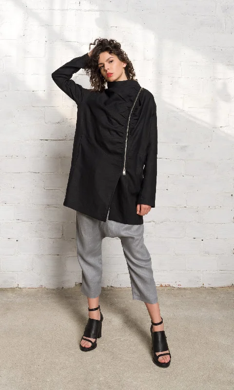 Fashion Design Asymmetric Zipper Closure Linen Jacket