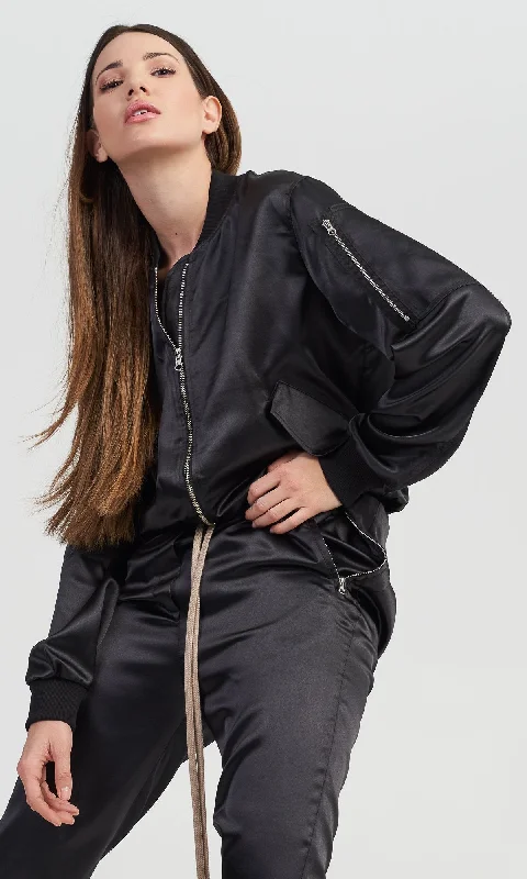 Elegant Outline Black Satin Bomber Jacket