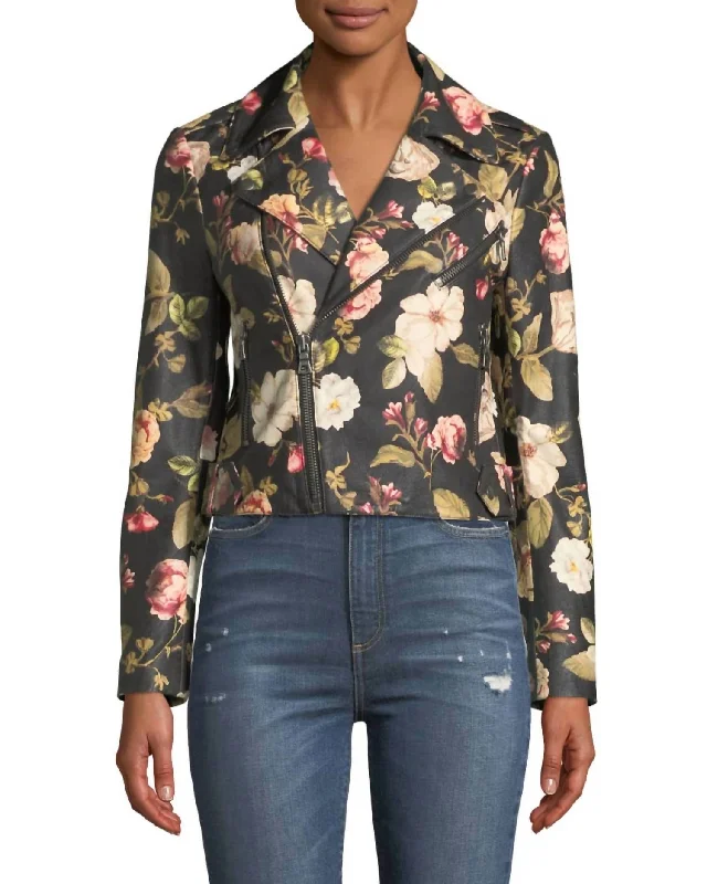 Versatile Itinerary Cody Crop Leather Moto Jacket In Black & Floral