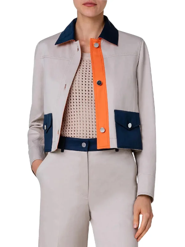 Unique Design Collared Jean Jacket In Beige/navy/orange