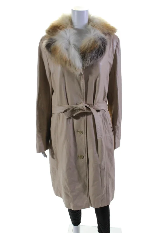 Avant-garde Design Damselle Womens Leather Fur Trim Button Down Belted Coat Beige