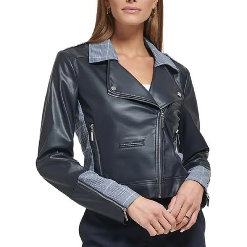 Comfortable down DKNY Womens Plaid Trim Long Sleeve Motorcycle Jacket
