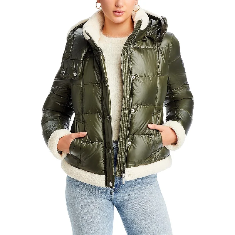 French Connection Womens Insulated Faux Fur Trim Puffer Jacket