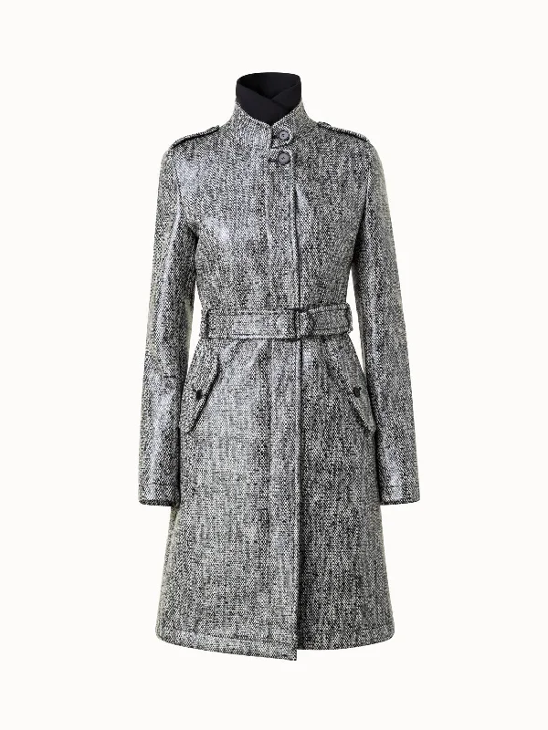 Minimal Style Lacquered Tweed Coat with Removable Insert