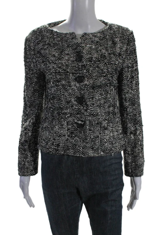 Elegant Temperament Lee Anderson Womens Black Silk Textured Crew Neck Button Front Jacket Elegant Temperament Lee Anderson Womens Black Silk Textured Crew Neck Button Front Jacket