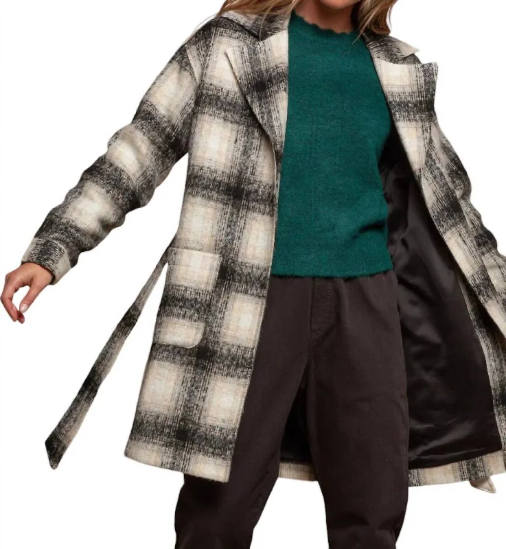 High-end Design Plaid Tie Closure Jacket In Beige/black