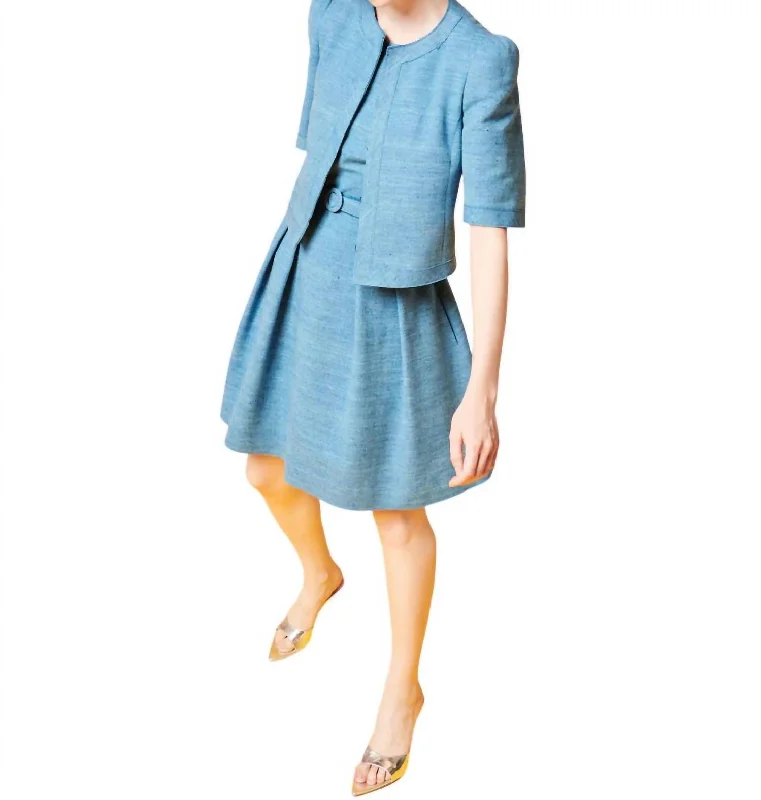 Floral Prints Puff Shoulders Short-Sleeve Jacket In Med Blue