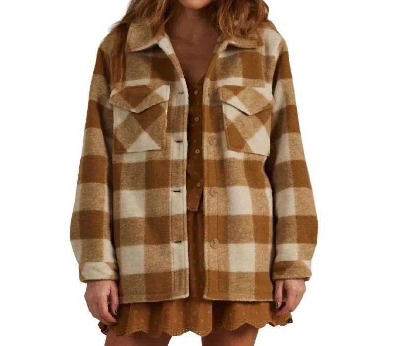 Denim Design Shearling Chore Coat In Brass Checker