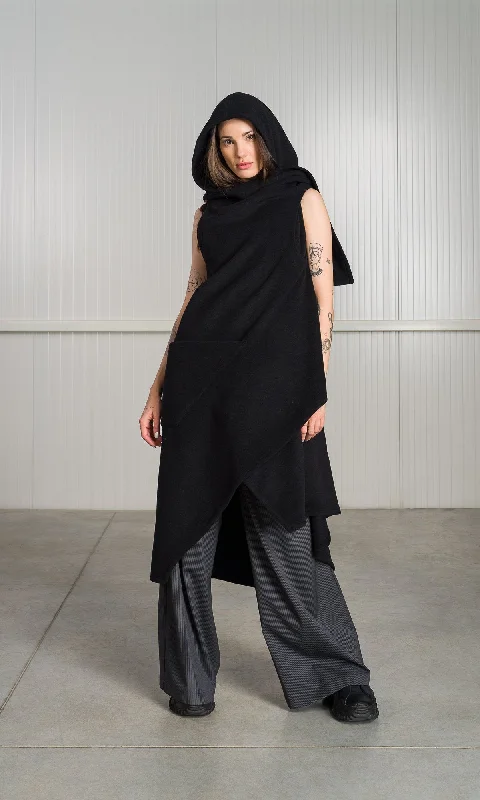 Celebrity Style Sleeveless Cashmere Blend Coat with Hood