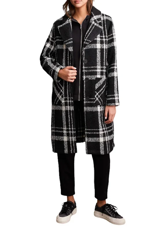 Youthful Vitality Texture Boucle Plaid Duster Button-Up Coat Jacket In Black/white Youthful Vitality Texture Boucle Plaid Duster Button-Up Coat Jacket In Black/white