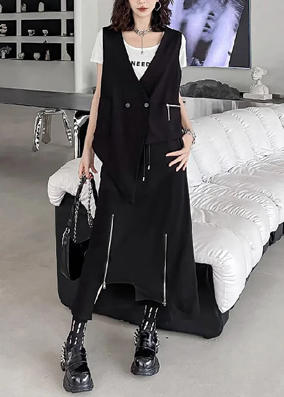 Elegant And Elegant Unique Black Asymmetrical Patchwork Waistcoat And Skirts Cotton Two Pieces Set Sleeveless Elegant And Elegant Unique Black Asymmetrical Patchwork Waistcoat And Skirts Cotton Two Pieces Set Sleeveless
