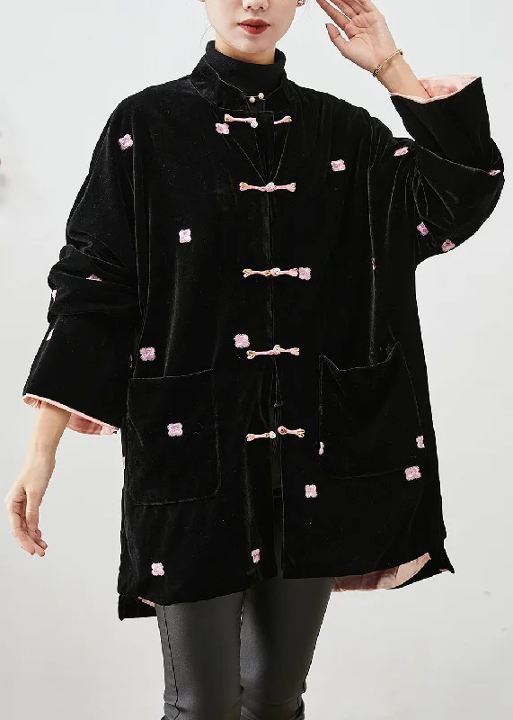 Comfy Pants Unique Black Embroideried Chinese Button Silk Velour Coats Winter