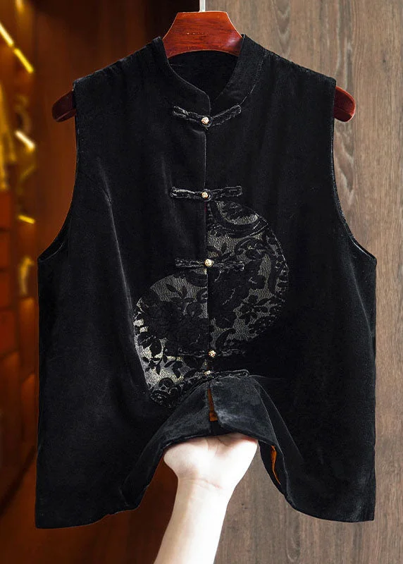 Cozy Footwear Unique Black Embroideried Patchwork Button Silk Velour Waistcoat Fall