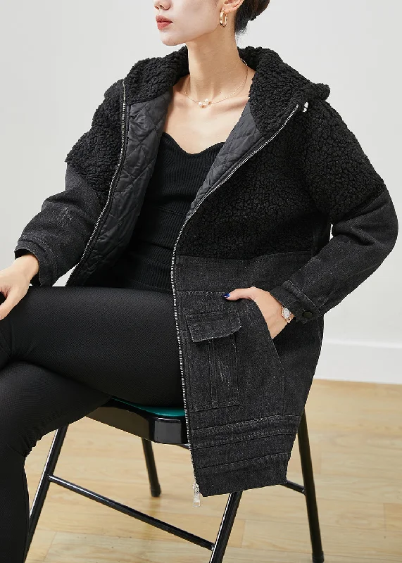 Comfy Dress Unique Black Hooded Patchwork Woolen Denim Fine Cotton Filled Jackets Winter