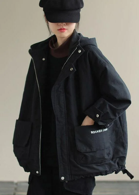 Comfortable And Casual Unique Black Hooded Pockets Winter Cotton Coat Long sleeve