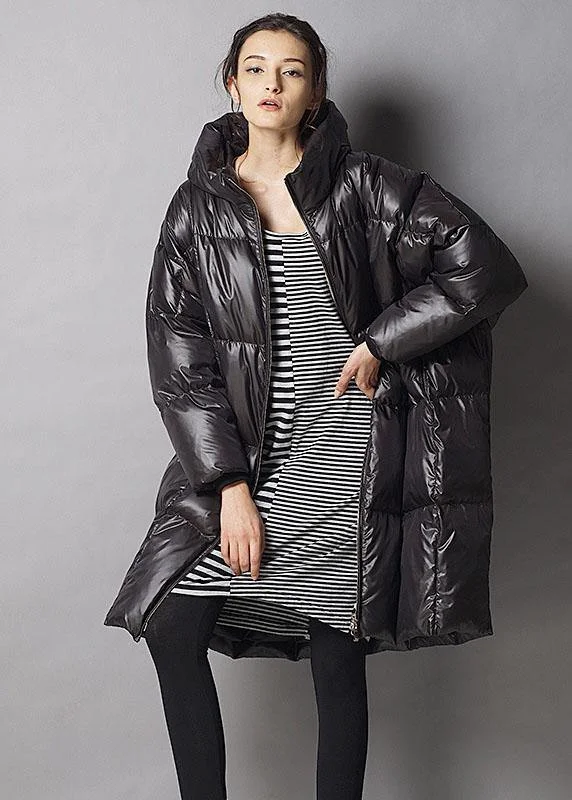 Slim Fit Unique Black hooded zippered Casual Winter Duck Down Thick down coat