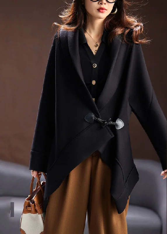 Soft Clothing Unique Black Notched Asymmetrical Button Cotton Coats Long Sleeve