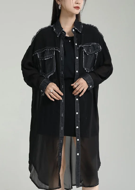 Warm Chic Outfits Unique Black Peter Pan Collar Pockets Patchwork Chiffon UPF 50+ Coats Summer Warm Chic Outfits Unique Black Peter Pan Collar Pockets Patchwork Chiffon UPF 50+ Coats Summer