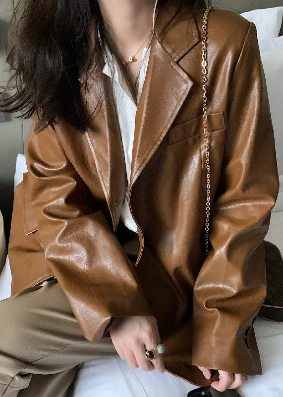Single-shoulder Neck Design Unique Brown Peter Pan Collar Pockets Patchwork Faux Leather Coats Fall Single-shoulder Neck Design Unique Brown Peter Pan Collar Pockets Patchwork Faux Leather Coats Fall