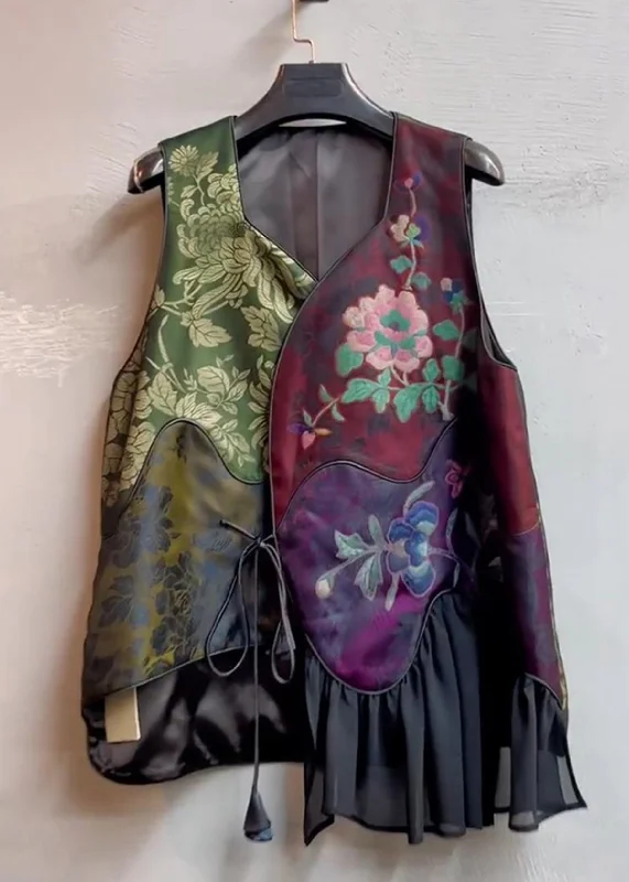 Casual Ease Unique Colorblock Asymmetrical Print Lace Up Patchwork Silk Waistcoat Sleeveless
