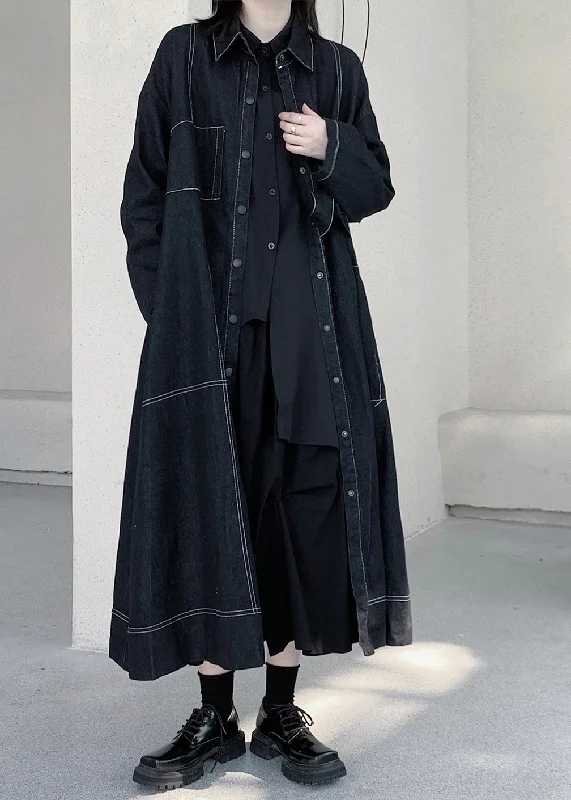 Relaxed Tops Unique Dark Blue Peter Pan Collar Patchwork Pockets Maxi Denim Trench Coats Long Sleeve