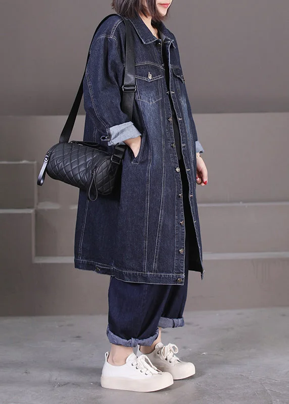Relaxed Looks Unique Dark Blue Peter Pan Collar Pockets Patchwork Button Denim Long Trench Coat Fall Relaxed Looks Unique Dark Blue Peter Pan Collar Pockets Patchwork Button Denim Long Trench Coat Fall