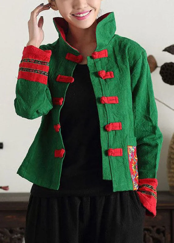 End Of The Year Unique Green Stand Collar Embroideried Patchwork Cotton Chinese Style Coats Spring