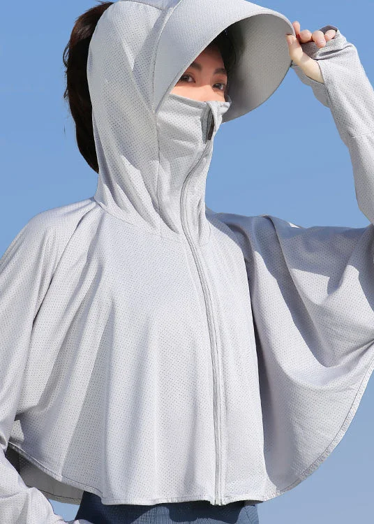 Loose Fit Unique Grey Hooded Zippered Patchwork Ice Silk UPF 50+ Coat Summer