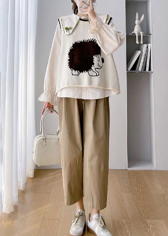 Chic Outfits Unique Khaki Animal Print Knit Waistcoat Shirts And Crop Pants Three Piece Set Fall