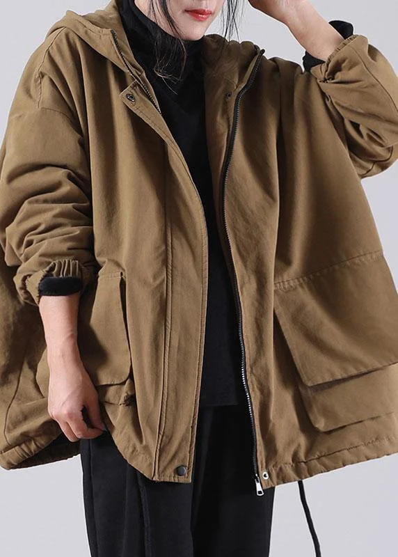 French Retro Unique Khaki Hooded drawstring Warm Fleece Jacket In Winter Winter