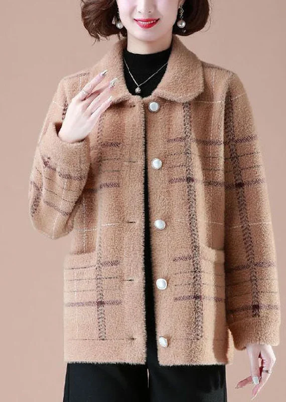 Designer Style Unique Khaki Peter Pan Collar Plaid Pockets Mink Hair Knitted Coats Winter Designer Style Unique Khaki Peter Pan Collar Plaid Pockets Mink Hair Knitted Coats Winter
