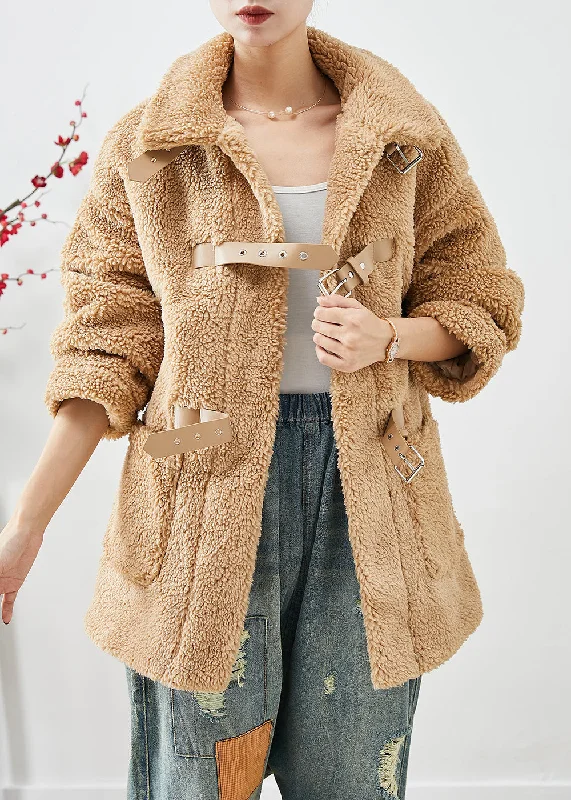 Casual Comfort Wear Unique Khaki Peter Pan Collar Pockets Faux Fur Teddy Coats Winter Casual Comfort Wear Unique Khaki Peter Pan Collar Pockets Faux Fur Teddy Coats Winter