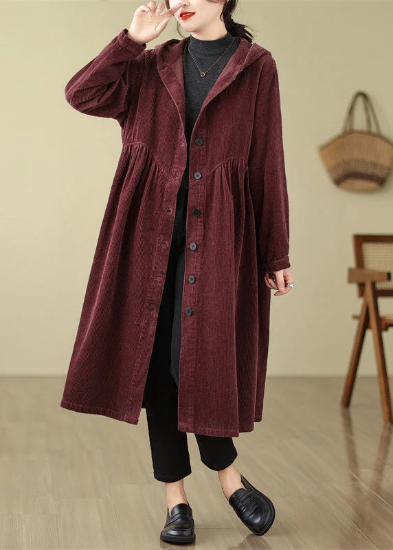 Fresh Comfort Unique Mulberry Patchwork Wrinkled Button Corduroy Hooded Trench Coats Fall