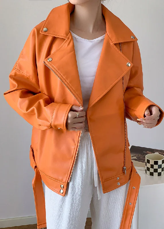 Innovative Design Unique Orange Peter Pan Collar Zippered Patchwork Faux Leather Jacket Fall Innovative Design Unique Orange Peter Pan Collar Zippered Patchwork Faux Leather Jacket Fall