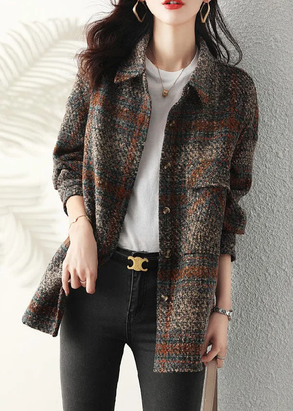 Minimal Comfort Unique Peter Pan Collar Plaid Button Thick Coat Long Sleeve